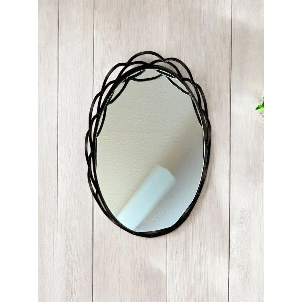 Oval Metal Vanity Mirror Tray With Decorative Wavy Edge Design